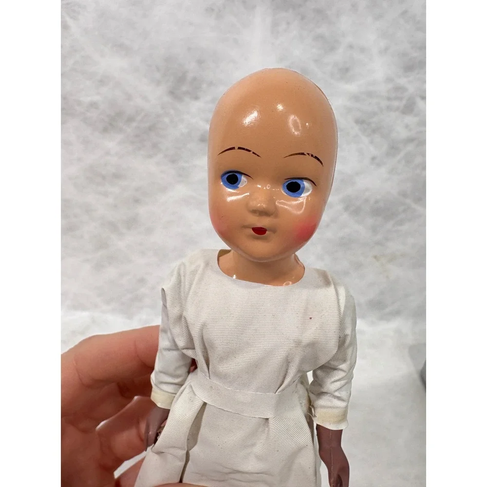 Vintage Composition Doll Blue Eyes White Nurse Gown 7.5 Inch Hand Painted Face